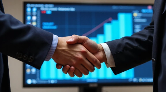 Dua orang berjabatan tangan di depan monitor komputer yang menampilkan grafik pertumbuhan positif, melambangkan kesuksesan bisnis.