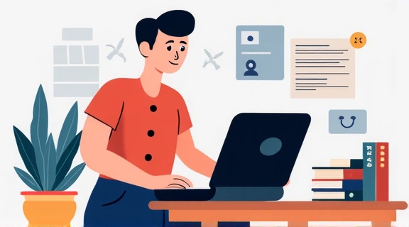 Ilustrasi seorang individu yang sedang belajar dan mengembangkan keterampilan baru di laptop, dengan buku-buku di latar belakang.