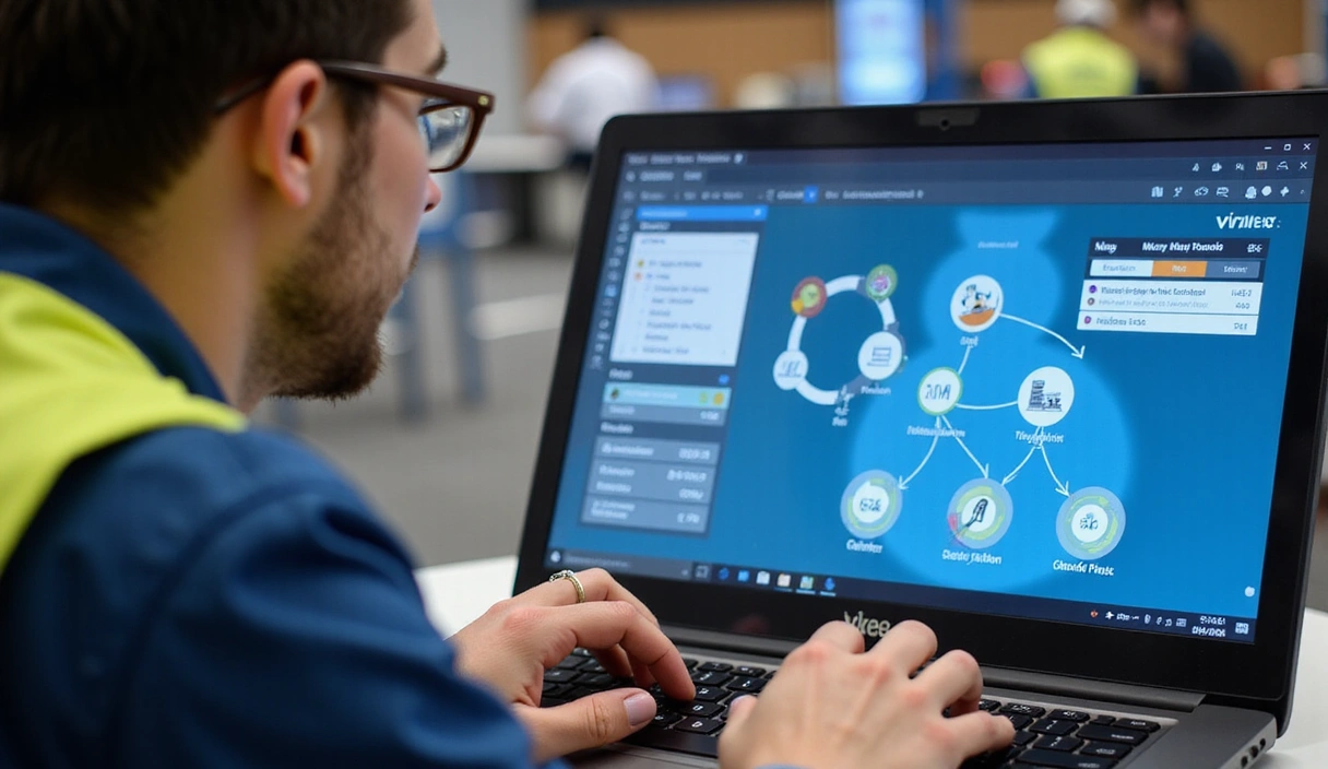 Seorang pekerja menggunakan antarmuka VivaFlex yang intuitif di laptopnya, menunjukkan kemudahan penggunaan dan efisiensi.