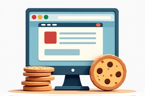 Ilustrasi kue kecil (cookie) di samping komputer dan browser web